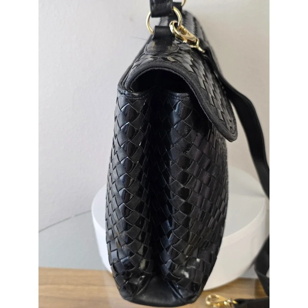Bally Vintage Black Woven Leather Top Handle Satchel Bag Made in Italy Gold Logo